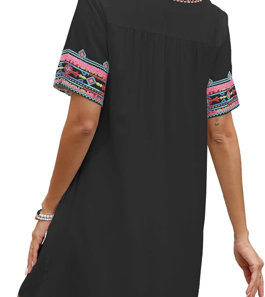 Mexican Embroidered Boho Dress for Women Short Sleeve Cotton Dress with Pockets Plus Size Peasant Summer Fiesta Dresses