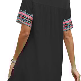 Mexican Embroidered Boho Dress for Women Short Sleeve Cotton Dress with Pockets Plus Size Peasant Summer Fiesta Dresses
