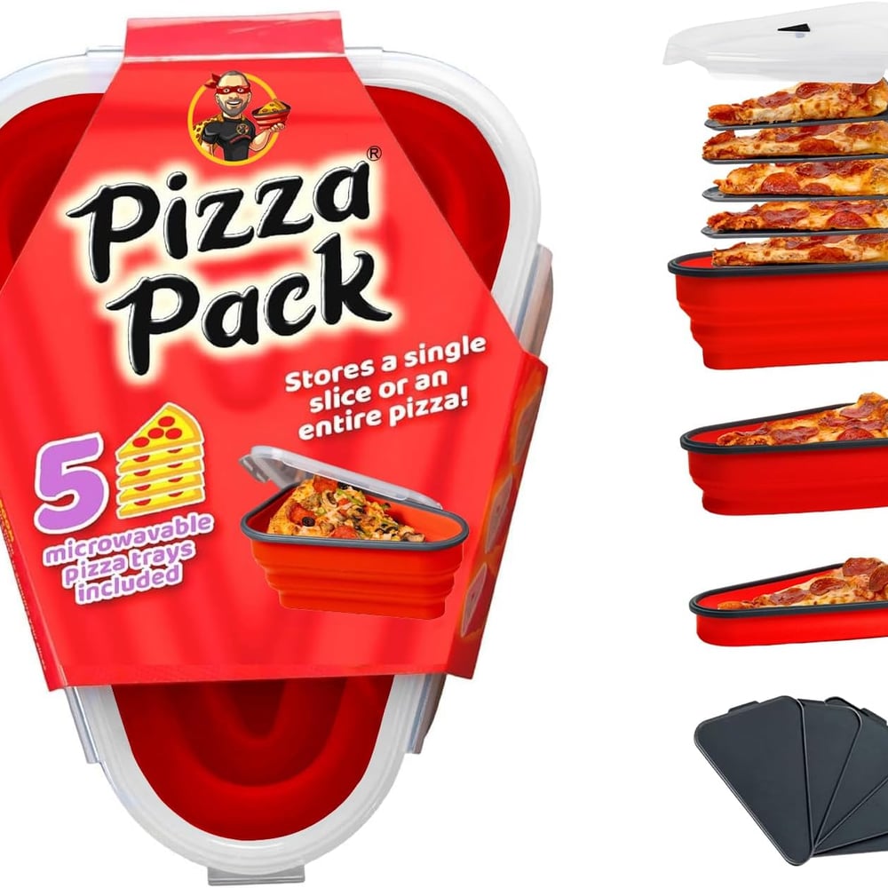 The Perfect Pizza Pack™ - Reusable Pizza Storage Container with 5 Microwavable Serving Trays - BPA-Free Adjustable Pizza Slice Container to Organize & Save Space, Red