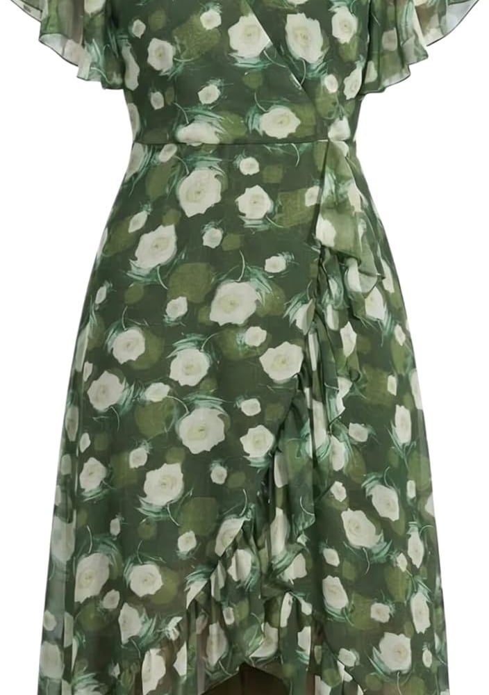 Women's 2026 Summer Flutter Short Sleeve WrapV Neck Ruffle Asymmetrical Hem Floral Printed Cocktail Dress