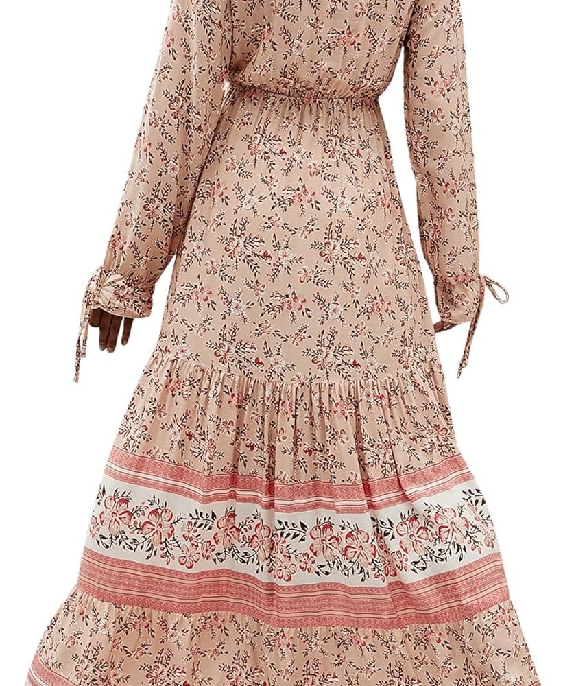 Women's Floral Print Boho V Neck Long Sleeve Flowy Maxi Dress