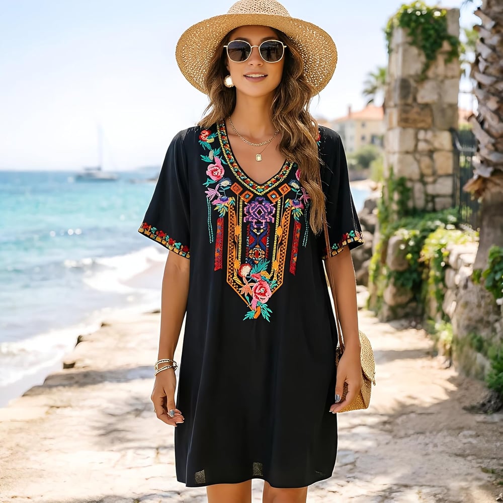 Women's Embroidered Mexican Peasant Dresses, Plus Size Fiesta Boho Dress for Women, Traditional Floral Bohemian Tunic