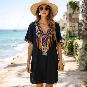 Women's Embroidered Mexican Peasant Dresses, Plus Size Fiesta Boho Dress for Women, Traditional Floral Bohemian Tunic