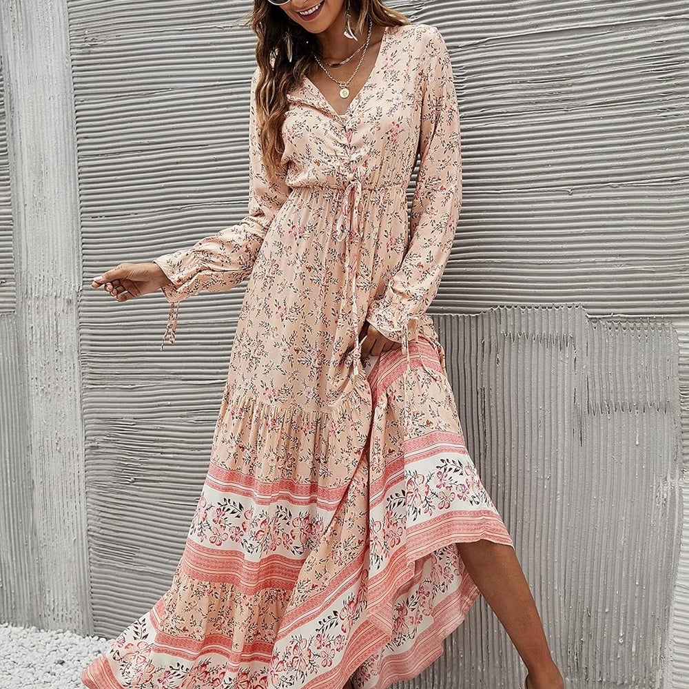 Women's Floral Print Boho V Neck Long Sleeve Flowy Maxi Dress