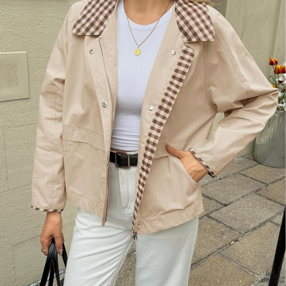 Womens Cropped Jacket Lightweight Casual Zip Up Barn Jackets Fall Contrast Plaid Outerwear Coat