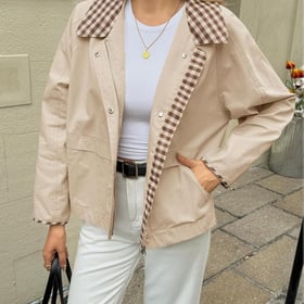 Womens Cropped Jacket Lightweight Casual Zip Up Barn Jackets Fall Contrast Plaid Outerwear Coat