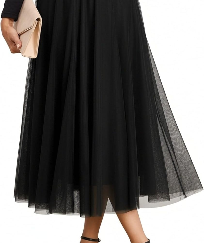 3-Season Women's Tulle Skirt Elastic High Waist A-Line Layered Flowy Long Tutu | Date Night Fall Party Casual Wear