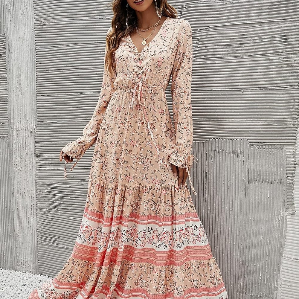 Women's Floral Print Boho V Neck Long Sleeve Flowy Maxi Dress
