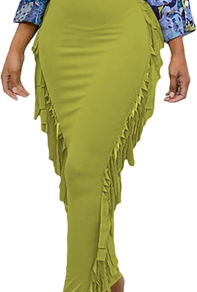 Women's Skirt Fringe Side Tassel Elastic Waist Slim Bodycon Long Maxi Pencil Skirts for Club