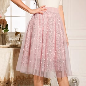 Sequin Tulle Skirts for Women Midi Long Aline Elastic High Waisted Wedding Party Skirt with Lining