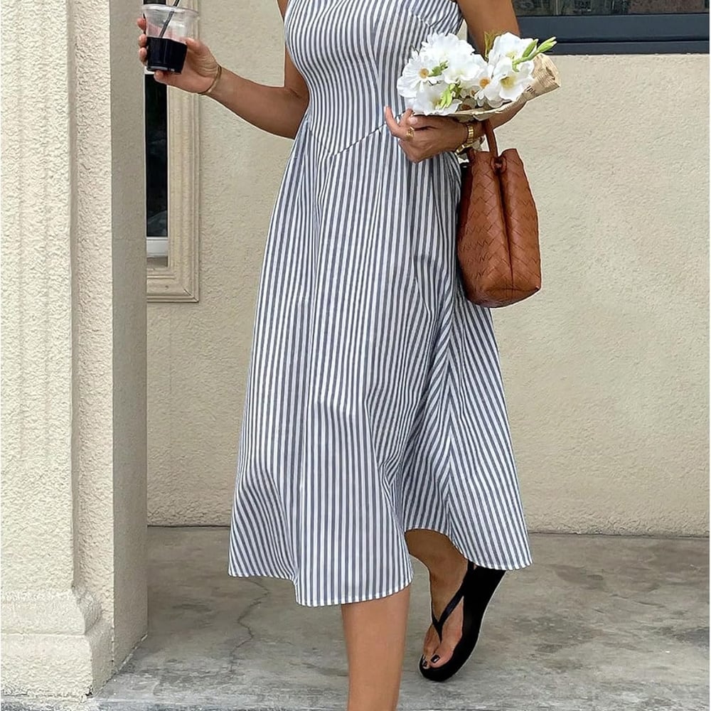 Women's Striped Tank Dress Sleeveless Square Neck Going Out A Line Midi Dresses