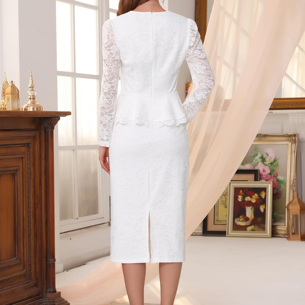 Women's Lace Suits for Church 2 Pieces Outfits Peplum Top Wedding Cocktail Skirt Sets