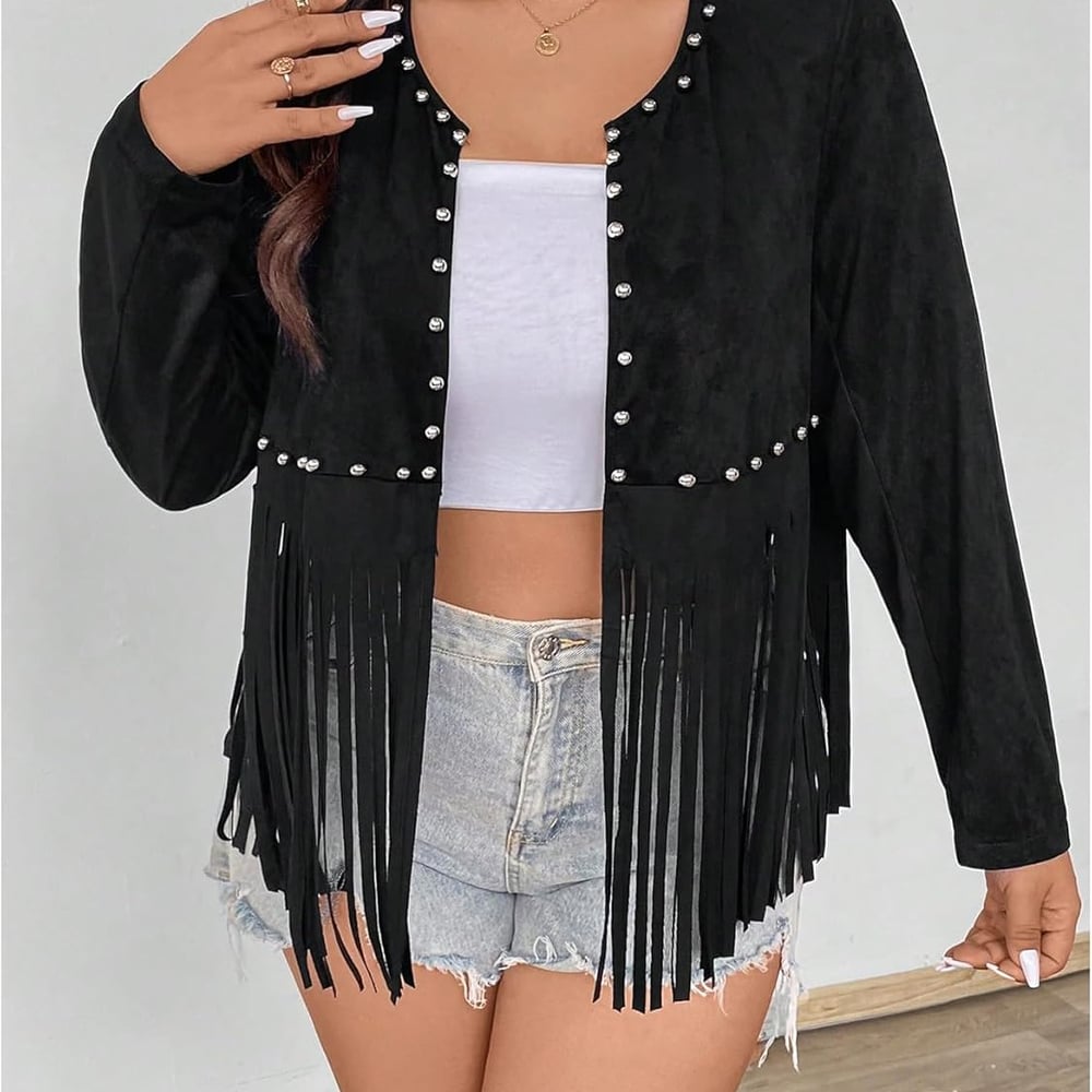 Women's Plus Size Beaded Tassel Trim Open Front Long Sleeve Music Festival Jacket