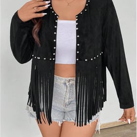 Women's Plus Size Beaded Tassel Trim Open Front Long Sleeve Music Festival Jacket