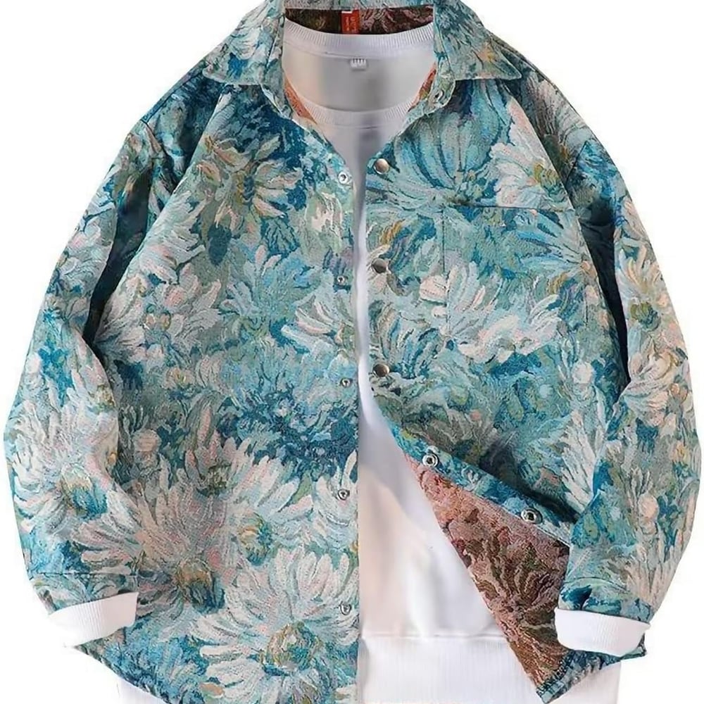 Casual Floral Shacket Cute Flower Pattern Jacquard Loose Shirt denim Canvas Jacket Button Coat Fancy Tops