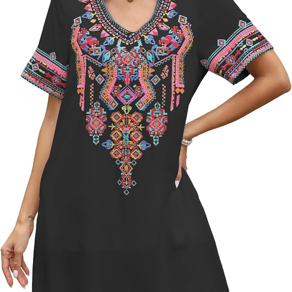 Mexican Embroidered Boho Dress for Women Short Sleeve Cotton Dress with Pockets Plus Size Peasant Summer Fiesta Dresses