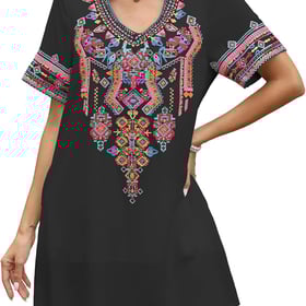 Mexican Embroidered Boho Dress for Women Short Sleeve Cotton Dress with Pockets Plus Size Peasant Summer Fiesta Dresses