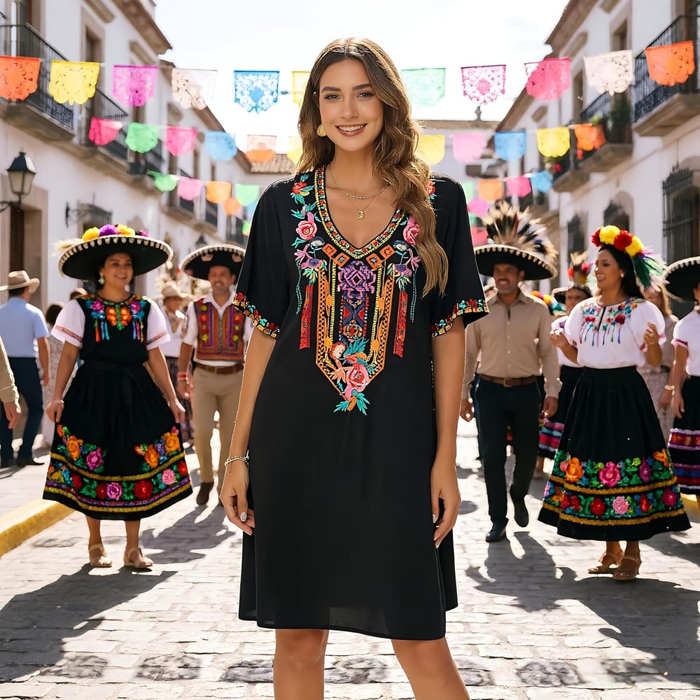 Women's Embroidered Mexican Peasant Dresses, Plus Size Fiesta Boho Dress for Women, Traditional Floral Bohemian Tunic