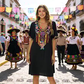 Women's Embroidered Mexican Peasant Dresses, Plus Size Fiesta Boho Dress for Women, Traditional Floral Bohemian Tunic