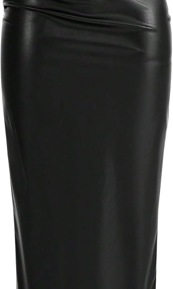 Women's Ruched PU Leather Bodycon Long Skirt Slit Back Zip Up Cocktail Pencil Skirts