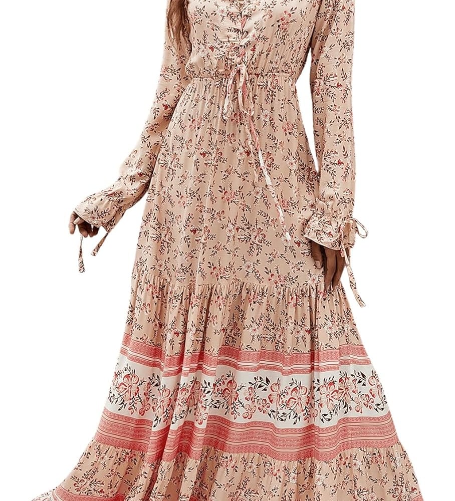 Women's Floral Print Boho V Neck Long Sleeve Flowy Maxi Dress