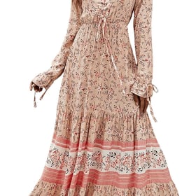 Women's Floral Print Boho V Neck Long Sleeve Flowy Maxi Dress
