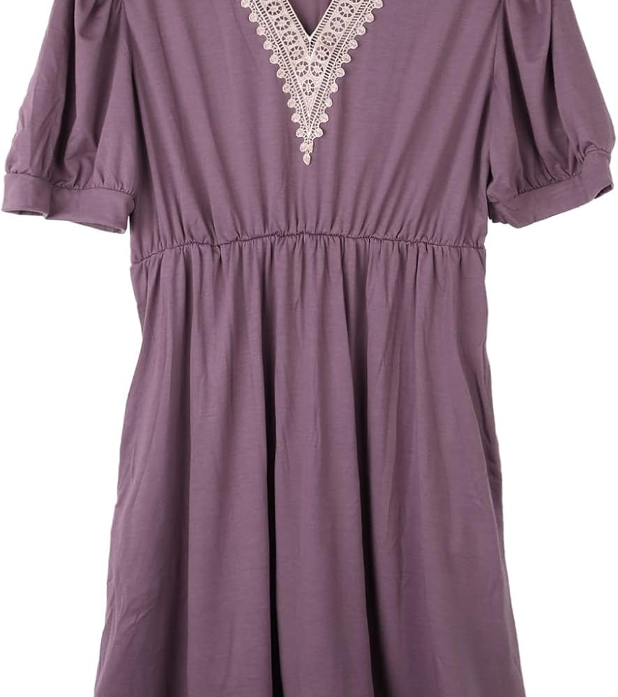 Womens A line V Neck Dress with Pockets Solid Color Short Sleeve Waist Retraction Dress