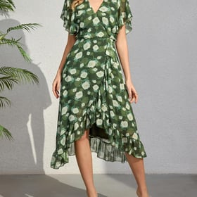 Women's 2026 Summer Flutter Short Sleeve WrapV Neck Ruffle Asymmetrical Hem Floral Printed Cocktail Dress