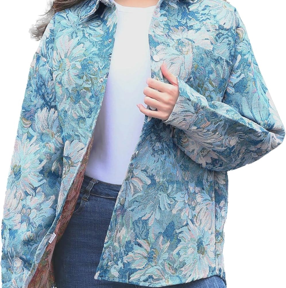 Casual Floral Shacket Cute Flower Pattern Jacquard Loose Shirt denim Canvas Jacket Button Coat Fancy Tops