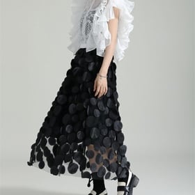 Tulle Skirt Women 3D Polka Dot Elastic Waist Mesh Flowy A-Line Midi Skirts Wedding Halloween Party Outfit