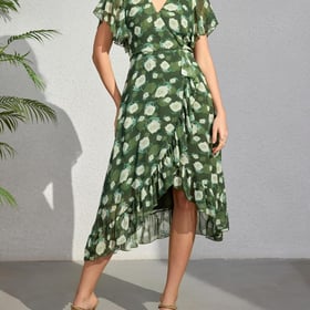 Women's 2026 Summer Flutter Short Sleeve WrapV Neck Ruffle Asymmetrical Hem Floral Printed Cocktail Dress