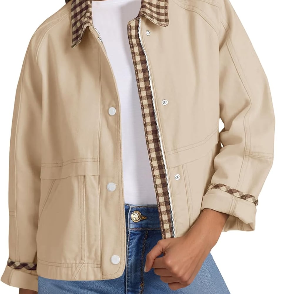 Womens Cropped Jacket Lightweight Casual Zip Up Barn Jackets Fall Contrast Plaid Outerwear Coat