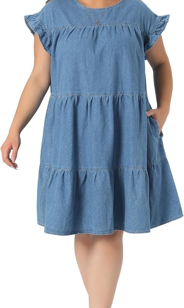 Plus Size Denim Dress for Women 2026 Summer Babydoll Ruffle Sleeve Loose Flowy Swing Pleated Jean Dresses