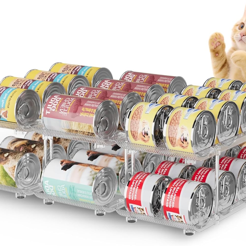 Can Organizer for Pantry, Modular 2 Tier Adjustable Cat Food Can Organizer Large Soup Can Storage Beverage Cans Clear Canned Goods Holder for Pantry and Fridge