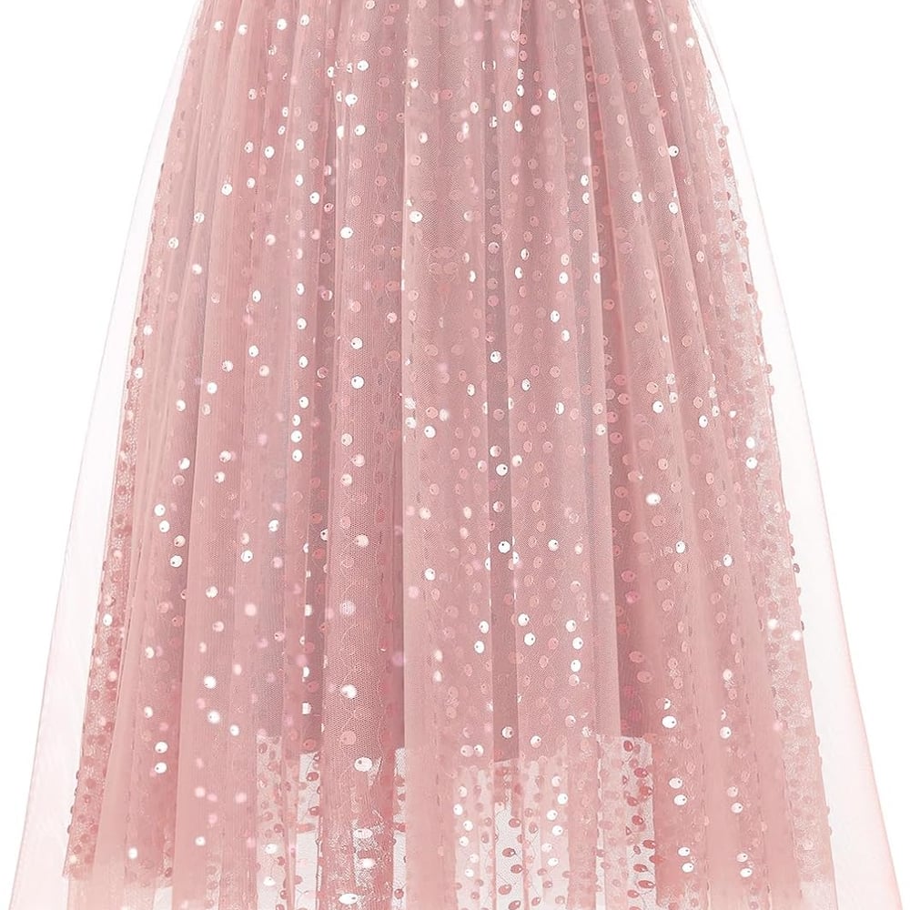 Sequin Tulle Skirts for Women Midi Long Aline Elastic High Waisted Wedding Party Skirt with Lining