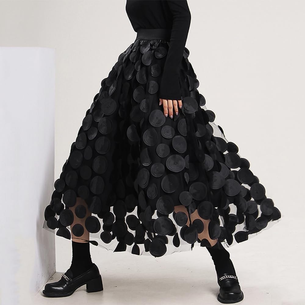 Tulle Skirt Women 3D Polka Dot Elastic Waist Mesh Flowy A-Line Midi Skirts Wedding Halloween Party Outfit