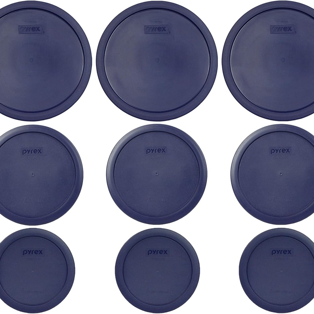 Pyrex (3) 7403-PC 10-Cup, (3) 7402-PC 6/7-Cup, & (3) 7201-PC 4-Cup Blue Food Storage Replacement Lids - Made in USA