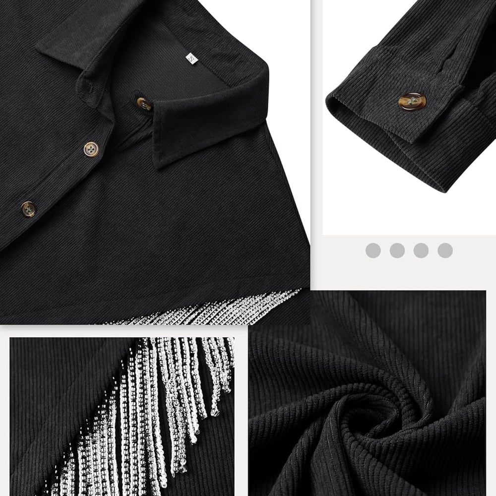 Womens Corduroy Nashville Sparkly Rhinestone Fringe Shacket Concert Outfits Long Sleeves Spakle Tassel Shirt Jacket