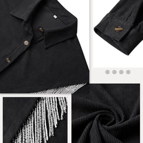 Womens Corduroy Nashville Sparkly Rhinestone Fringe Shacket Concert Outfits Long Sleeves Spakle Tassel Shirt Jacket