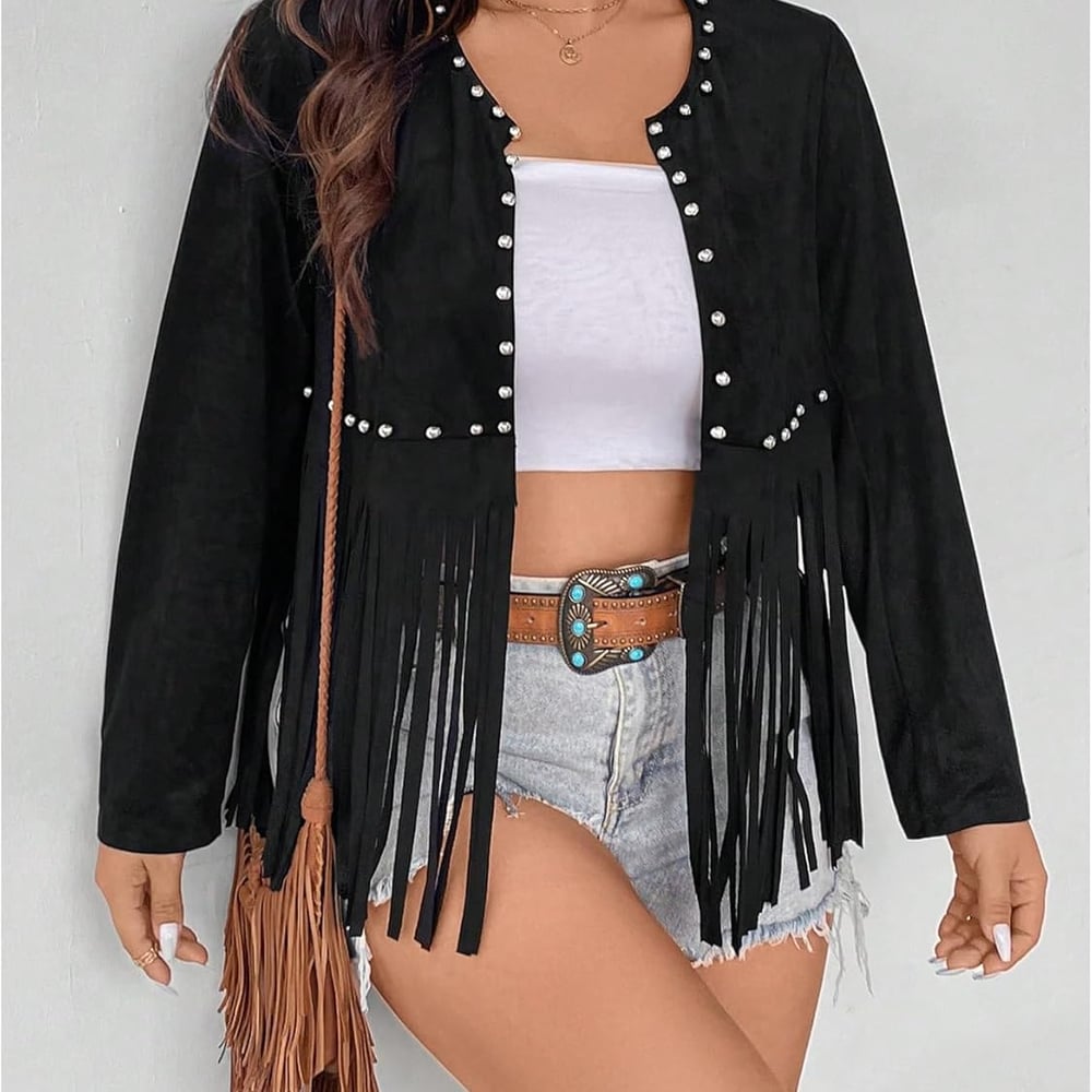 Women's Plus Size Beaded Tassel Trim Open Front Long Sleeve Music Festival Jacket