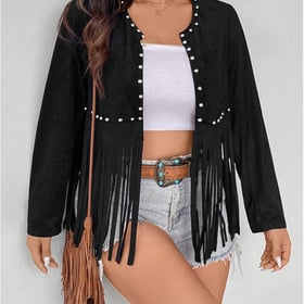 Women's Plus Size Beaded Tassel Trim Open Front Long Sleeve Music Festival Jacket