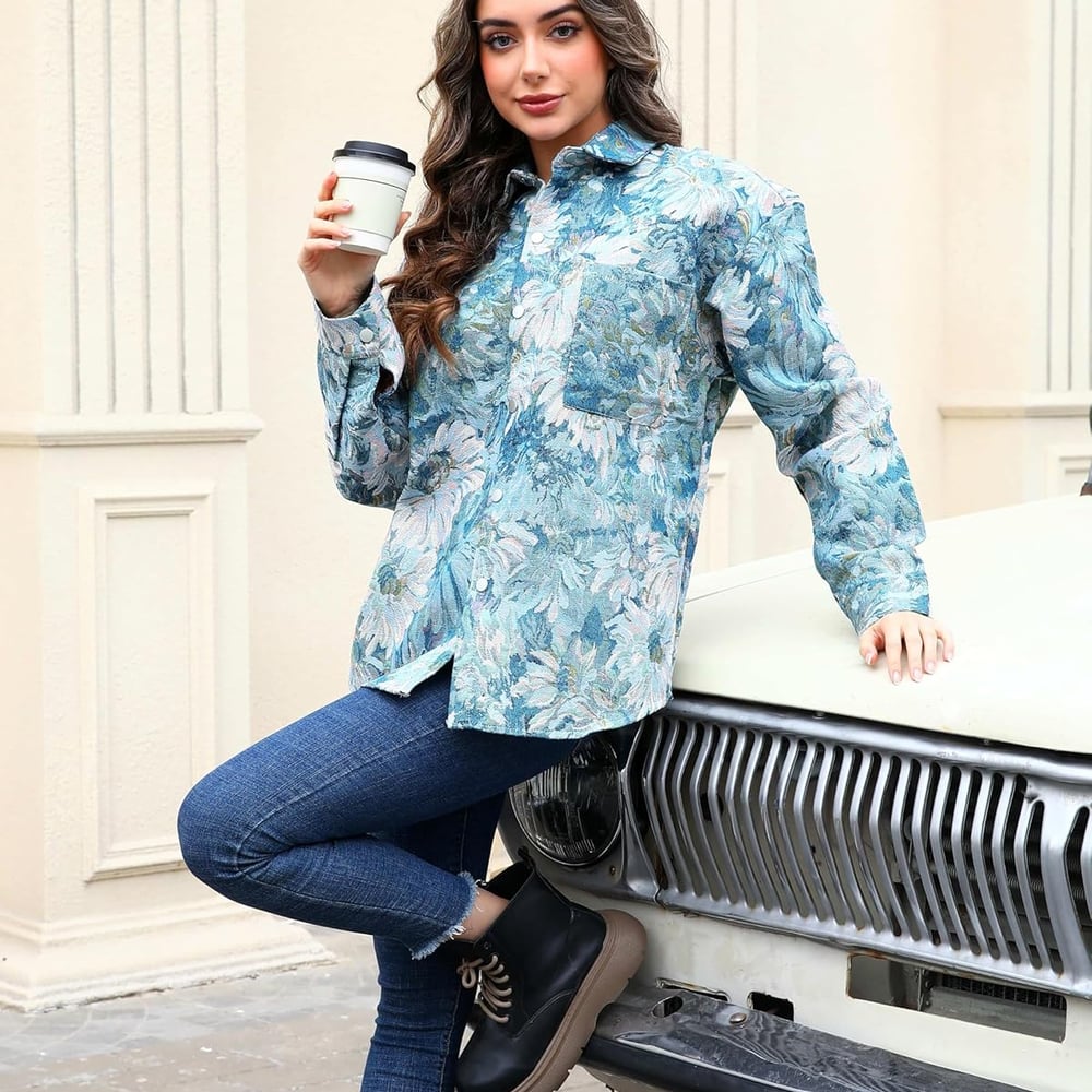 Casual Floral Shacket Cute Flower Pattern Jacquard Loose Shirt denim Canvas Jacket Button Coat Fancy Tops