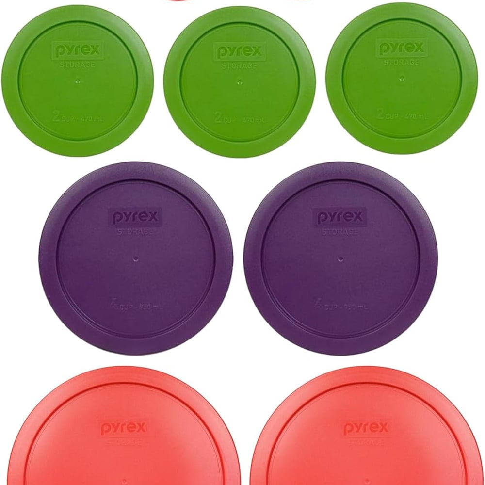 Pyrex (2) 7202-PC 1-Cup Red, (3) 7200-PC 2-Cup Lawn Green, (2) 7201-PC 4-Cup Purple, & (2) 7402-PC 6/7-Cup Red Lids - Made in USA