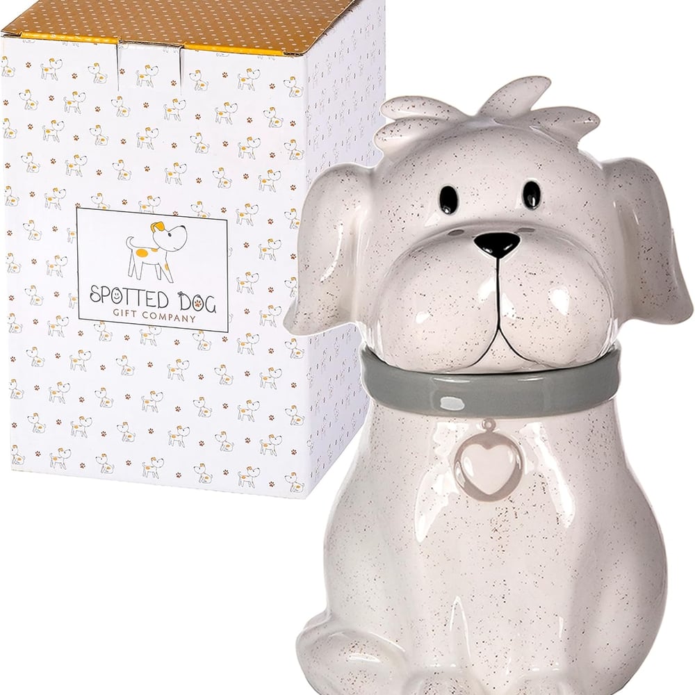 SPOTTED DOG GIFT COMPANY Ceramic Cookie Jar with Lid, Large Dog Treat Jar for Cookies & Biscuits, Cute Novelty Storage Container for Kitchen Counter, Gifts for Dog Lovers - 49oz White