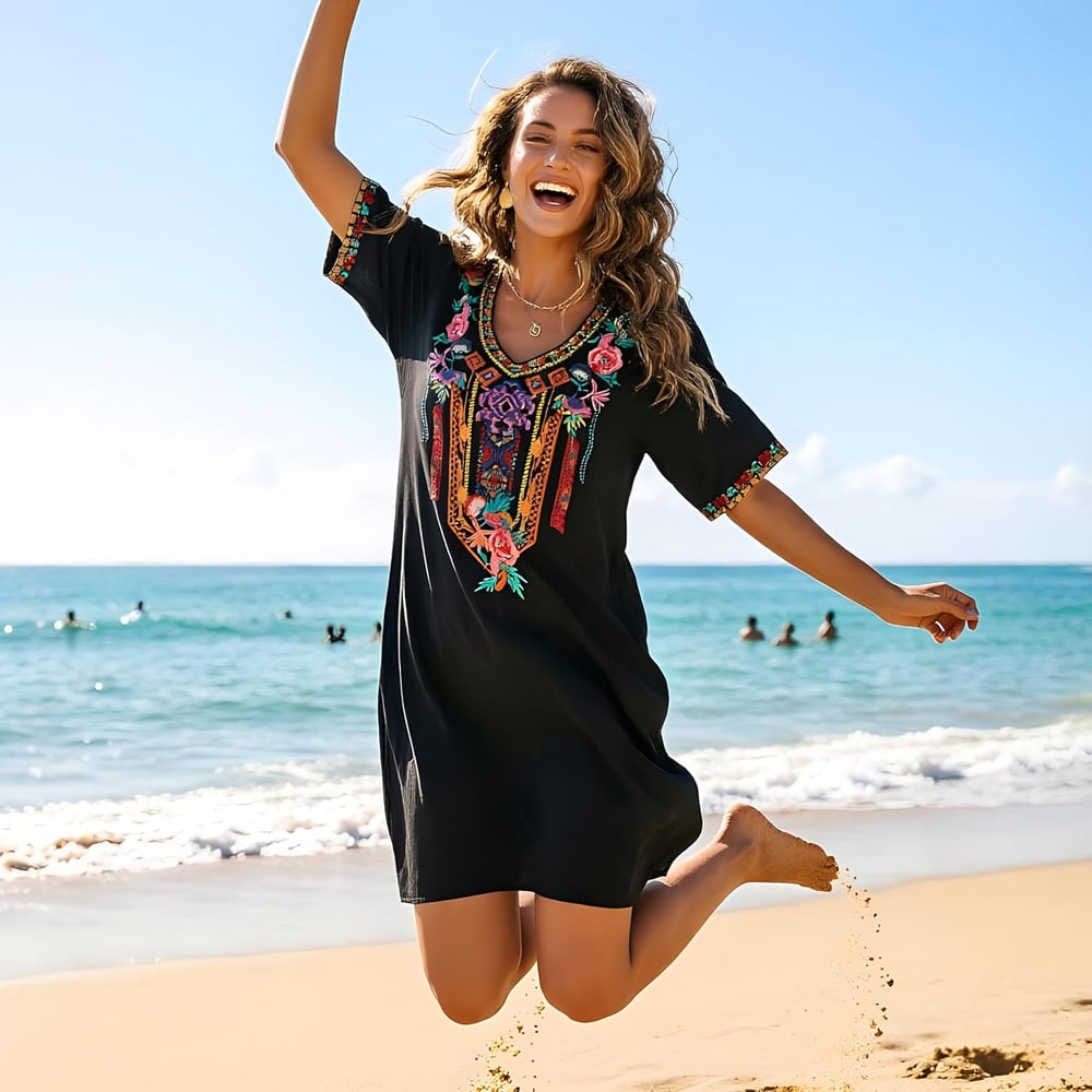 Women's Embroidered Mexican Peasant Dresses, Plus Size Fiesta Boho Dress for Women, Traditional Floral Bohemian Tunic