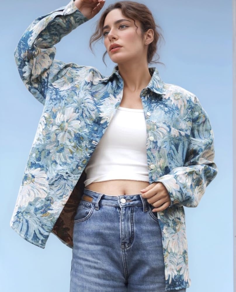 Casual Floral Shacket Cute Flower Pattern Jacquard Loose Shirt denim Canvas Jacket Button Coat Fancy Tops