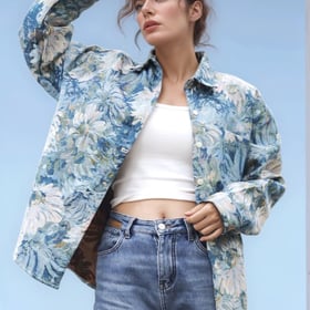 Casual Floral Shacket Cute Flower Pattern Jacquard Loose Shirt denim Canvas Jacket Button Coat Fancy Tops