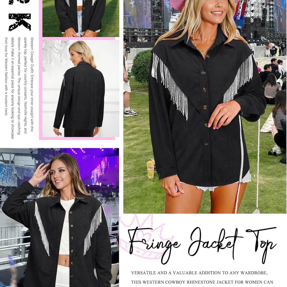 Womens Corduroy Nashville Sparkly Rhinestone Fringe Shacket Concert Outfits Long Sleeves Spakle Tassel Shirt Jacket