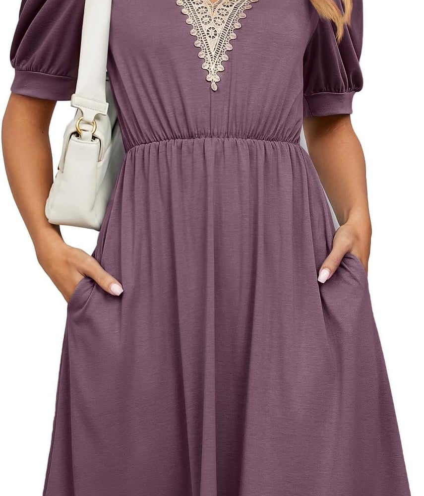 Womens A line V Neck Dress with Pockets Solid Color Short Sleeve Waist Retraction Dress