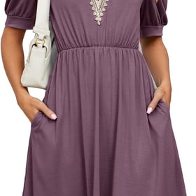 Womens A line V Neck Dress with Pockets Solid Color Short Sleeve Waist Retraction Dress